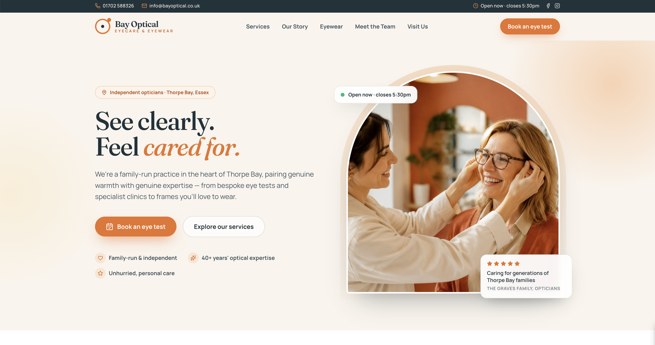 The Common Studio redesign of Bay Optical, a warm, editorial optician website.