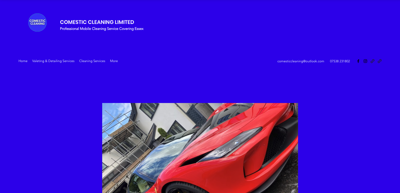 Comestic Cleaning's original blue Wix homepage, with the red supercar photo.