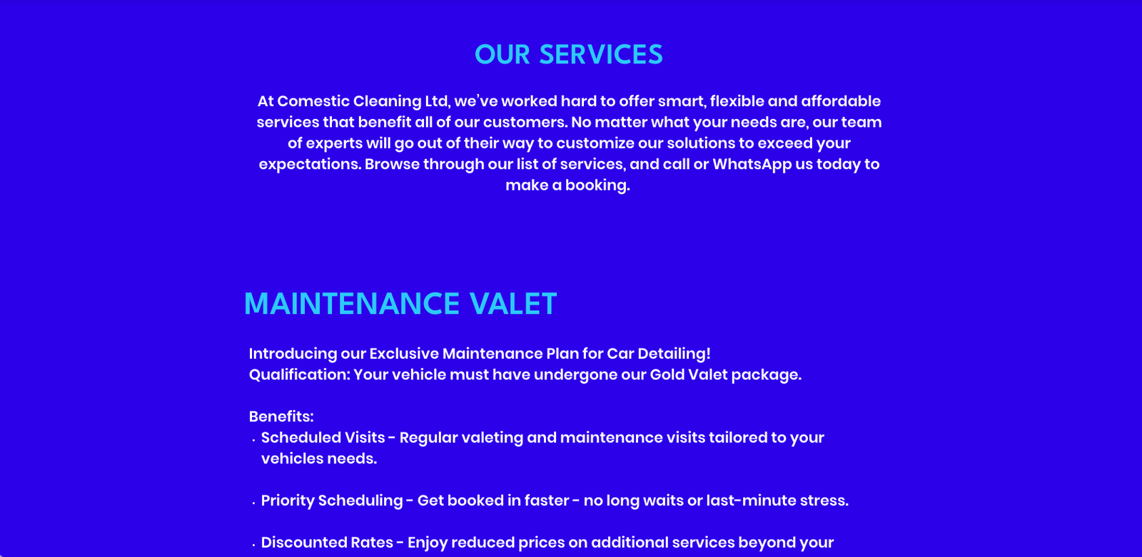 Comestic Cleaning's original 'Our Services' intro and maintenance-plan section.